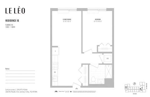 Floor plan for 1 bed, 1 bath, 637 sqft